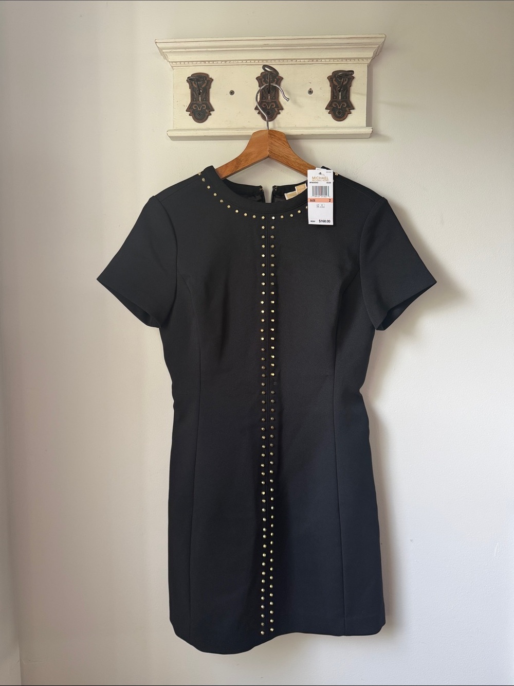 Michael Kors Black Short Sleeve Dress * with Gold Stud Trim Evening Old Money